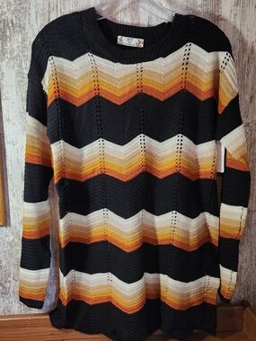 FCT With Love Retro Chevron Stripe Pointelle Open Knit Sweater - Earth Tones L